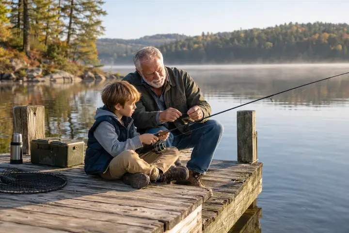 A grandfather teaching his grandson to fish from a dock.