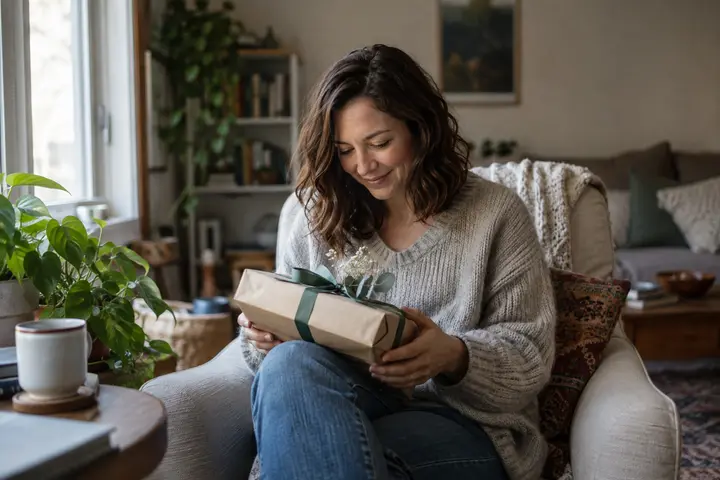 A woman smiling at a wrapped gift by a window.