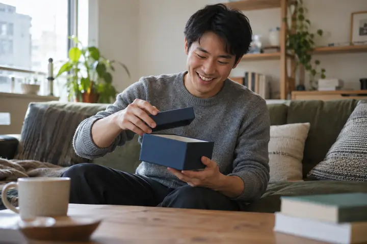 A man grinning as he opens a small gift box on his sofa.