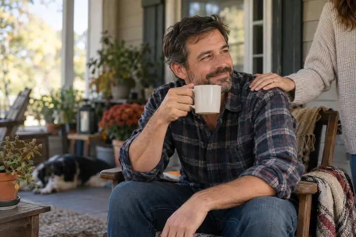 A man drinking coffee on a porch with his wife's hand on his shoulder.