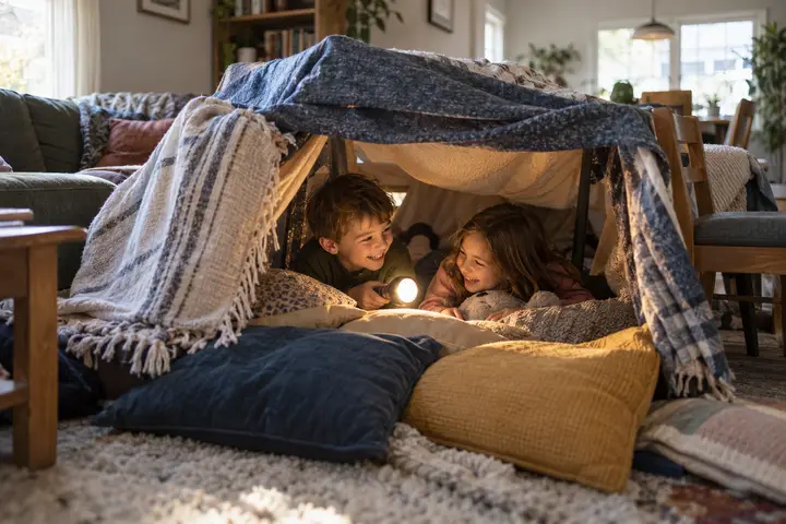 Two kids giggling inside a blanket fort with a flashlight.
