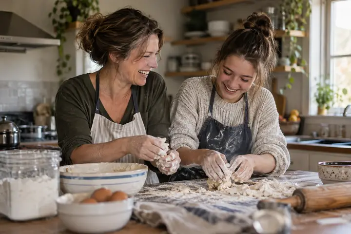 A mother and her teenage daughter laughing while baking.