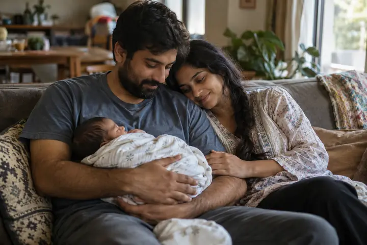 New parents gazing at their sleeping newborn on the couch.