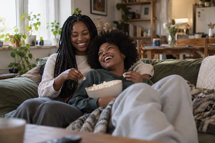 Two sisters laughing together on a sofa with a bowl of popcorn.