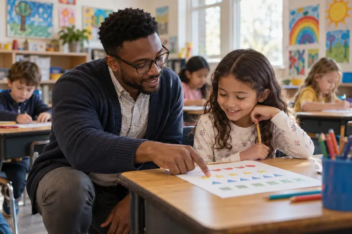 A teacher kneeling beside a student to help with a worksheet in a bright classroom.